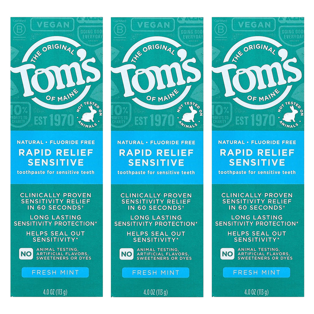 Tom's of Maine, зубная паста без фтора, для чувствительной кожи, свежая мята, 3 упаковки по 113 г (4 унции)