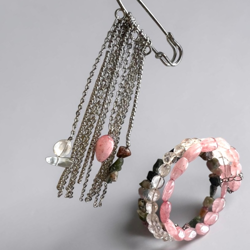 Браслет. Розовый кварц, Турмалин, Горный хрусталь