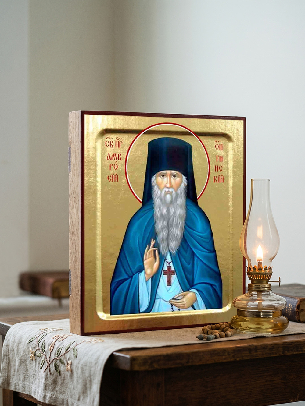 Икона Амвросия Оптинского, преподобного (в синей мантии) на дереве: 125 х 160 (Синопсисъ)