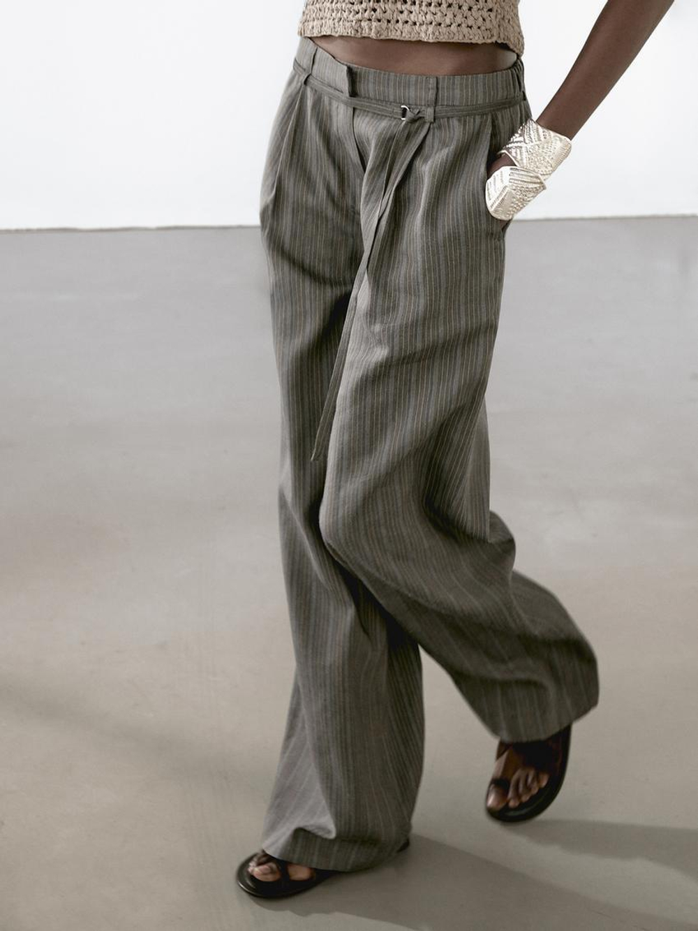 Massimo Dutti Брюки из смесового хлопка в полоску, коричневый