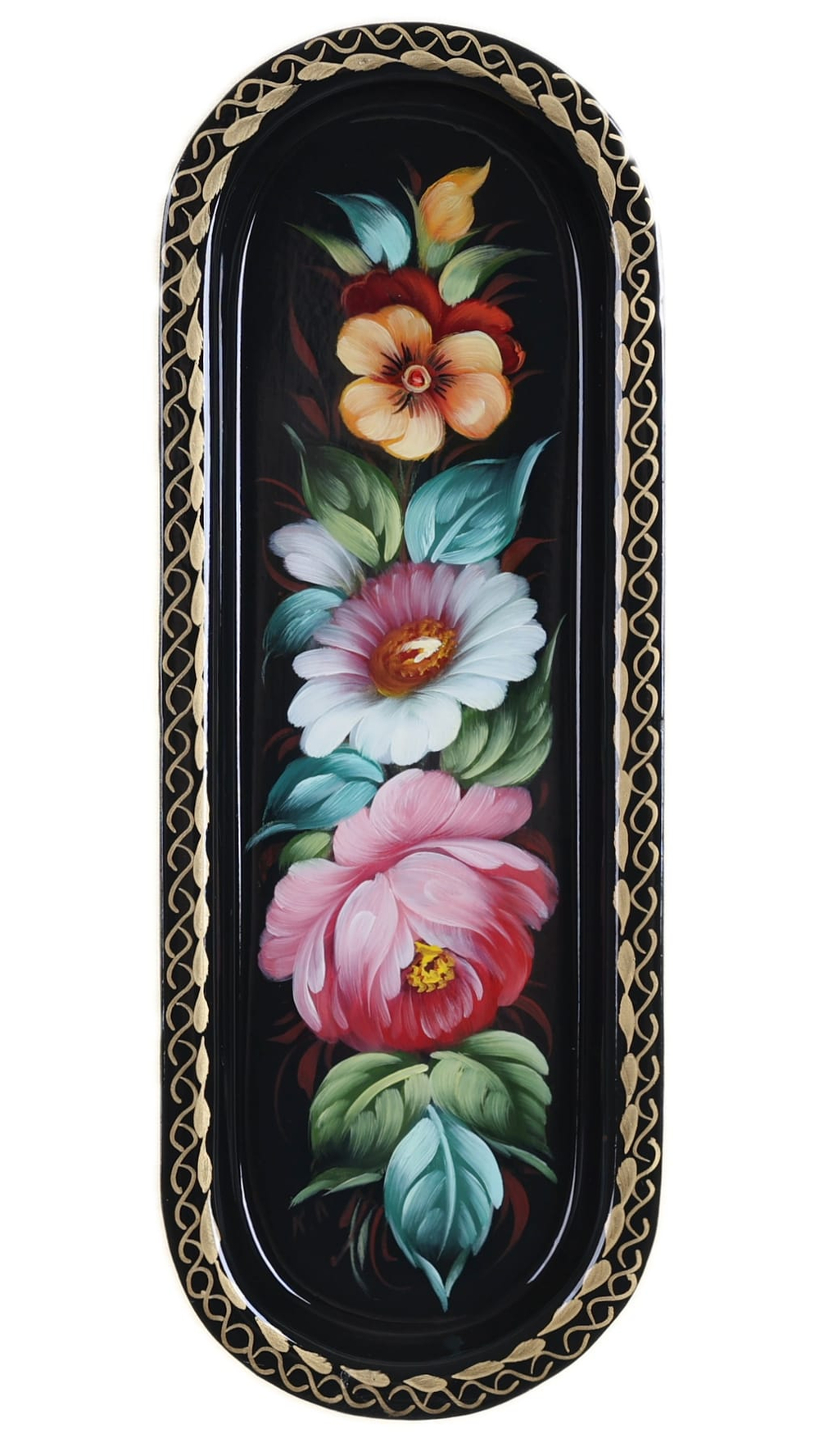 Жостовский поднос декоративный, размер 21х8 см (A4), металлический