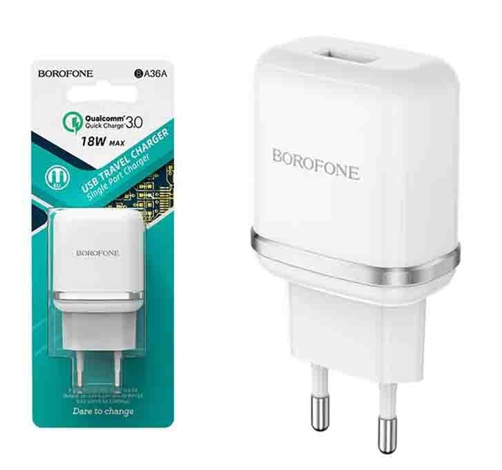 Сетевой адаптер питания BOROFONE BA36A 1USB QC 3.0 (белый)