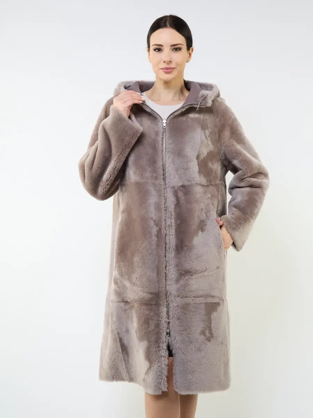 Дубленка зимняя двухсторонняя шуба с капюшоном