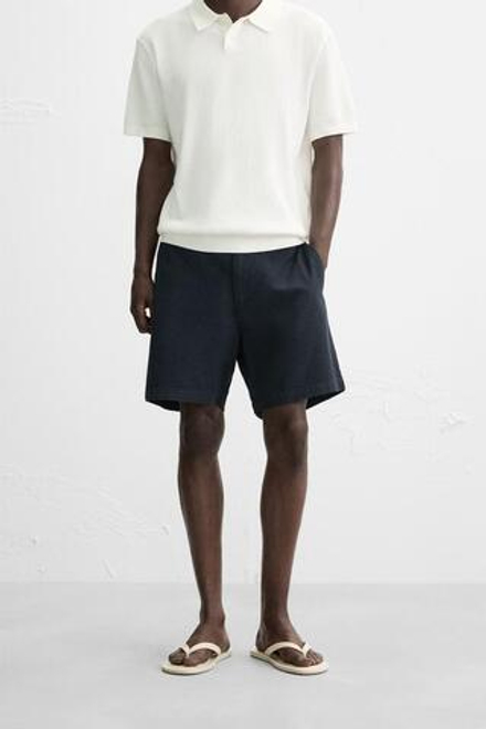 ZARA ШОРТЫ ИЗ ХЛОПКА И ЛЬНА, МОРСКОЙ СИНИЙ
