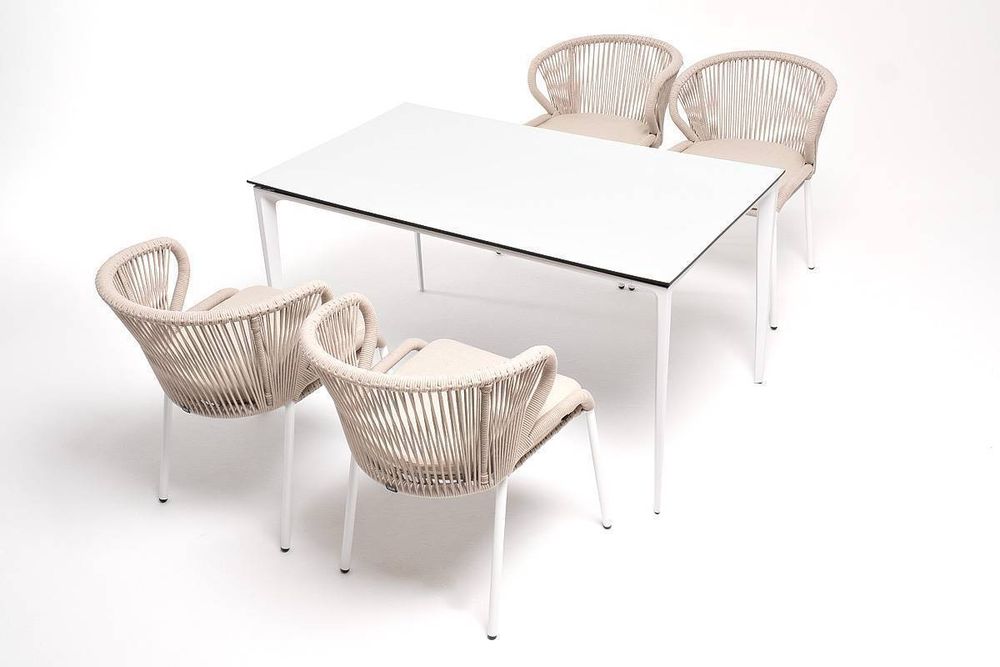 "Малага" обеденная группа на 4 персоны со стульями "Милан", каркас белый, роуп бежевый