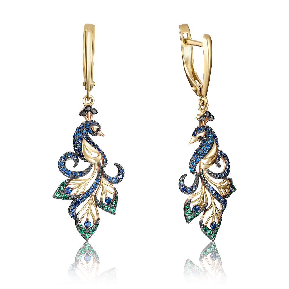 Серьги «Павлины» с английским замком из лимонного золота с фианитами