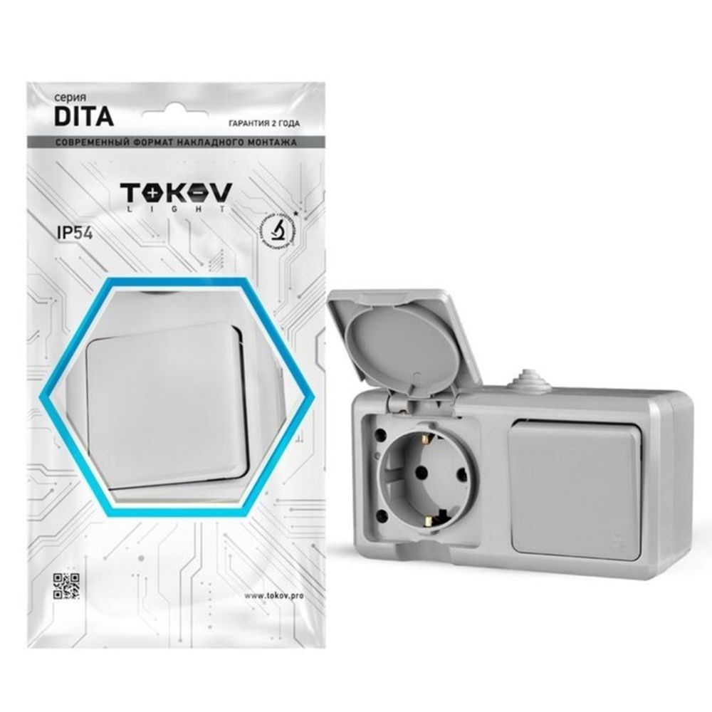 Блок TOKOV ELECTRIC, Dita (розетка 16А, 250В, с з/к + 1-кл. выкл. 10А), IP54, серый, TKL-DT-V1RZ-C06