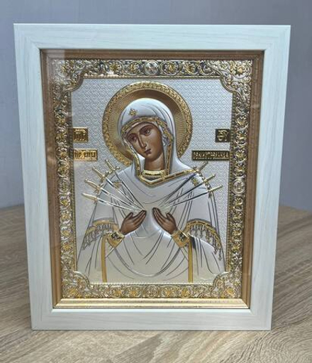 Семистрельная БМ, икона прямоугольная в рамке под стеклом, белое дерево 232х280