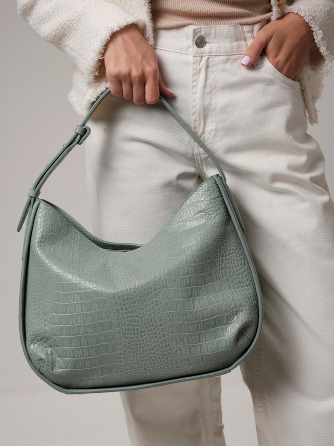 Сумка кожаная серо-зеленая крок