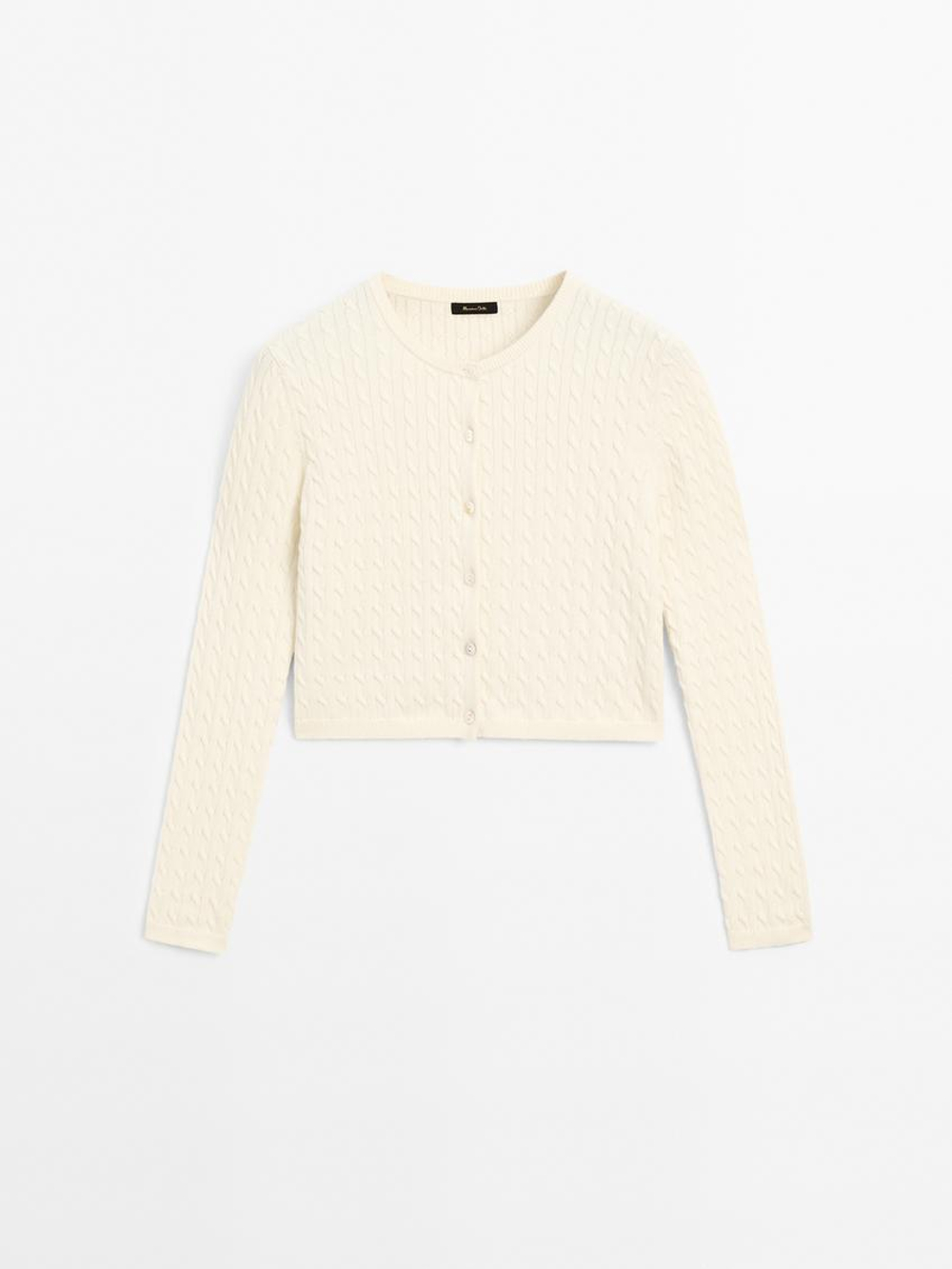 Massimo Dutti Кардиган из 100% хлопка с узором «косы», кремовый