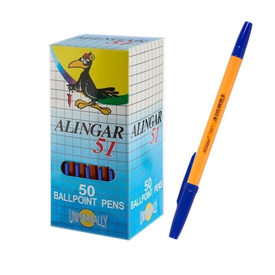 Ручка шариковая Alingar, "51", 1 мм, синяя, шестигранный, оранжевый, пластиковый корпус, 50 шт. в упаковке