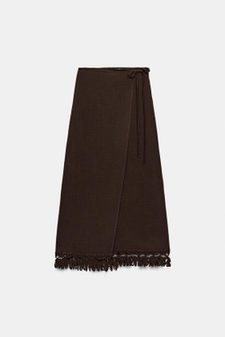 ZARA ЮБКА-ПАРЕО МИДИ С БАХРОМОЙ, КОРИЧНЕВЫЙ