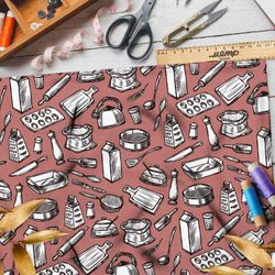 Ткань лён кухонная утварь на коралловом фоне