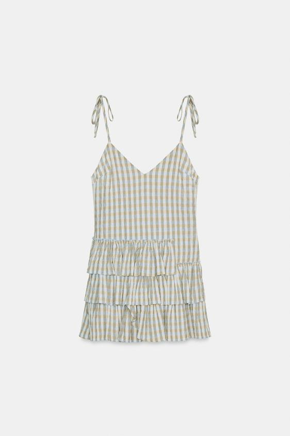 ZARA МИНИ-ПЛАТЬЕ В КЛЕТКУ С ВОЛАНАМИ, СЕРЫЙ/БЕЖЕВЫЙ