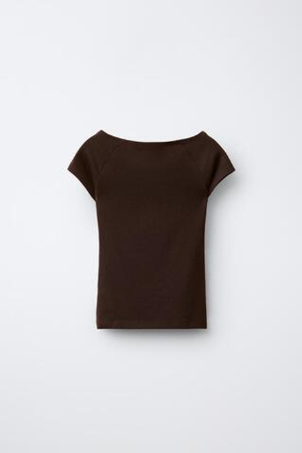 ZARA ОДНОТОННАЯ ФУТБОЛКА ИЗ МОДАЛА, КОРИЧНЕВЫЙ