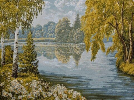 Гобеленовая картина "D. РОМАШКИ НА БЕРЕГУ" в багетной раме, Россия.