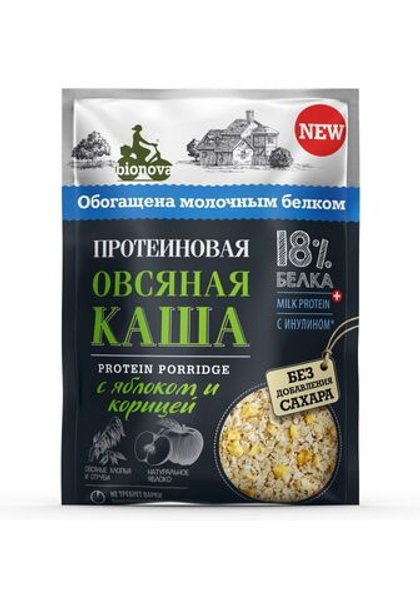 Каша быстрая протеиновая, Bionova, овсяная с яблоком и корицей, быстрого приготовления, 40 г