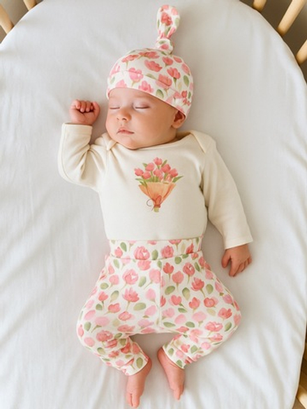 Боди, штанишки и шапочка, "Тюльпаны", Крем