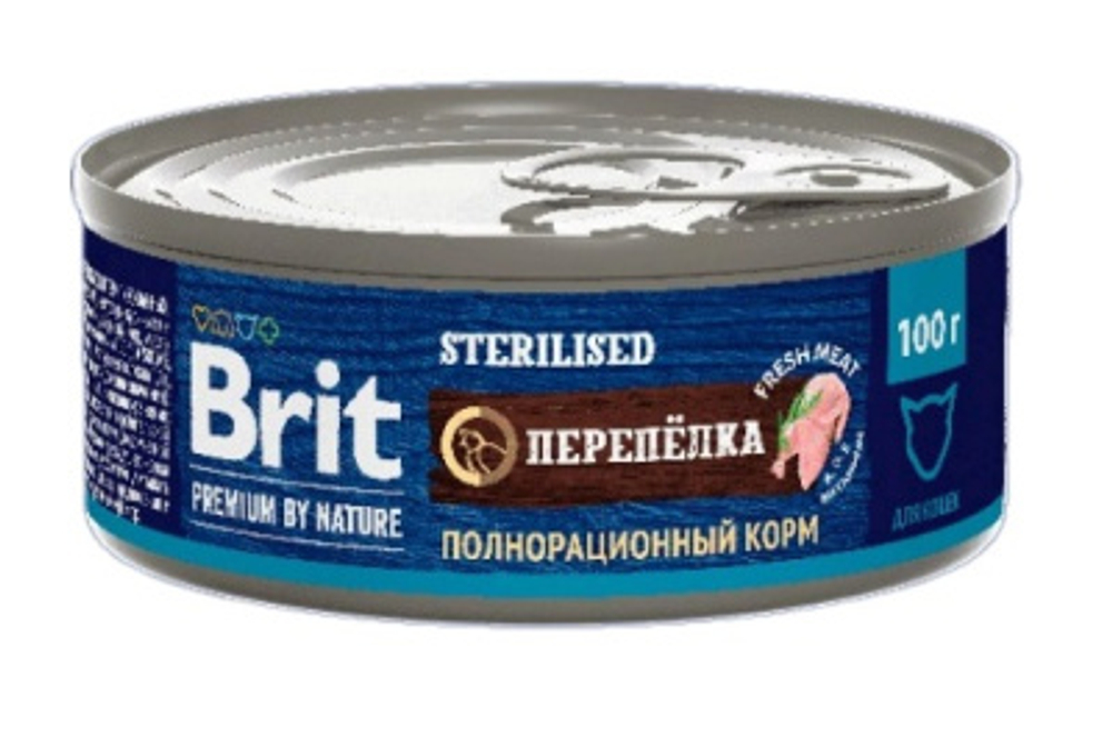 Корм влажный Brit Premium by Nature, консерва для стерилизованных кошек, с перепелкой, 100 г