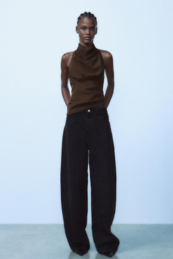 ZARA ТОП С ГОРЛОВИНОЙ ХАЛТЕР И ОТКРЫТОЙ СПИНОЙ, ШОКОЛАДНЫЙ