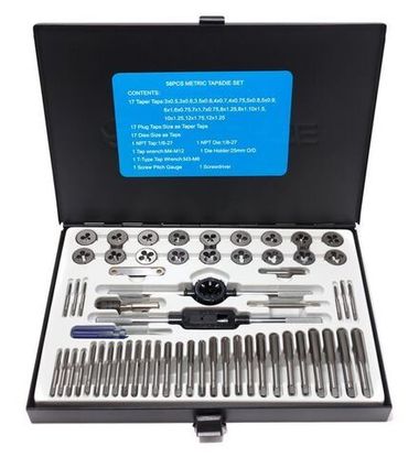 Набор метчиков и плашек 58пр.(М3х0.5/0.6, М3.5х0.6, М4х0.7/0.75, М5х0.8/0.9, М6х0.75/1, М7х0.75/1,М8х1/1.25, М10х1.25/1.5, М12х1.25/1.75)в метал.кейсе Forsage F-M058-1