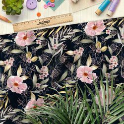 Ткань шелк Армани маслом нарисованные цветы, листва и клевер