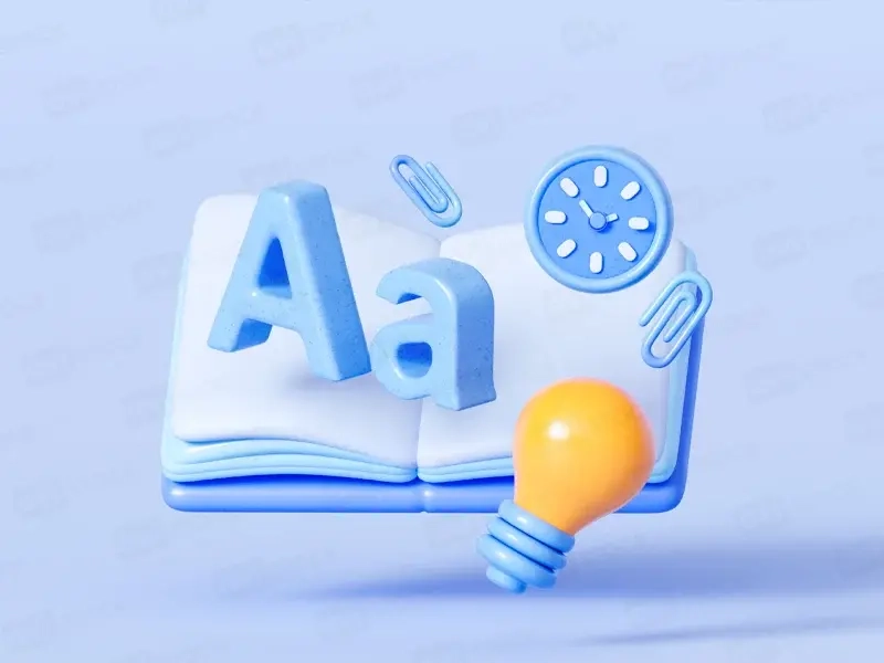 Открытая книга с часами, лампочкой и буквой А — 3D иллюстрация изучения, идей и дедлайна