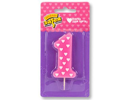 Свеча-цифра в торт "№1 в сердечках" для девочки