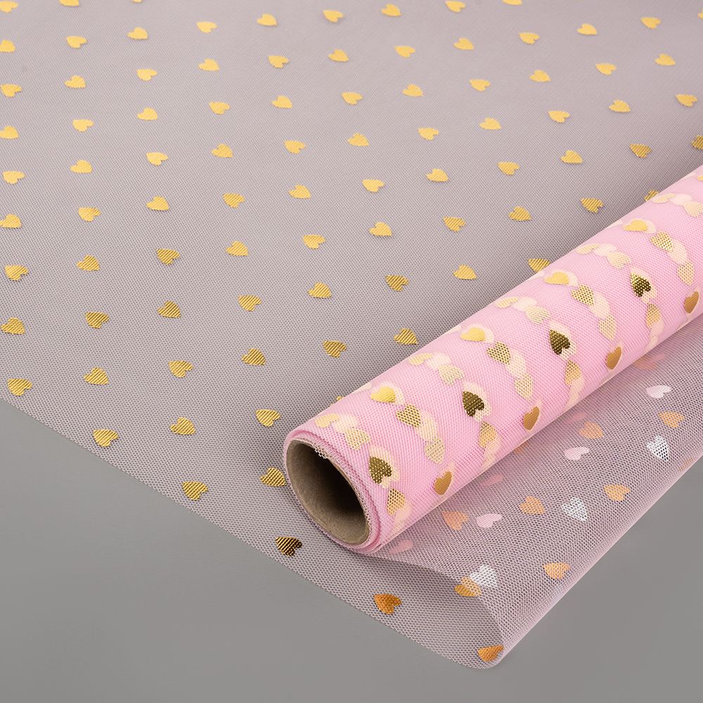 Фатин в рулоне (0,5*4,57 м) Золотые сердечки, Розовый, Металлик ДБ