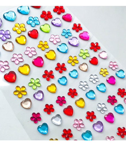 Стразы самоклеющиеся сердечки+цветочки разного размера 96 шт разноцветные