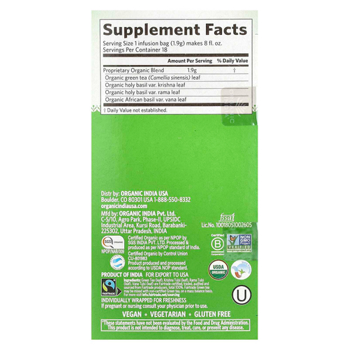 Organic India, Зеленый чай с тулси, 18 пакетиков, 34,2 г (1,21 унции)