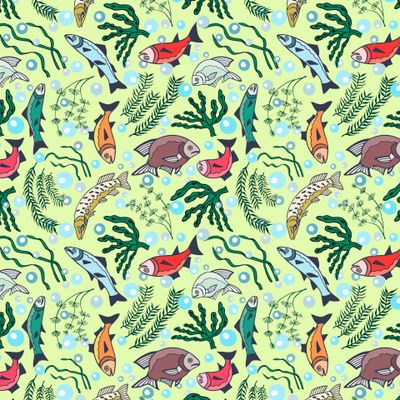 Seaweed, fish and bubbles seamless pattern.