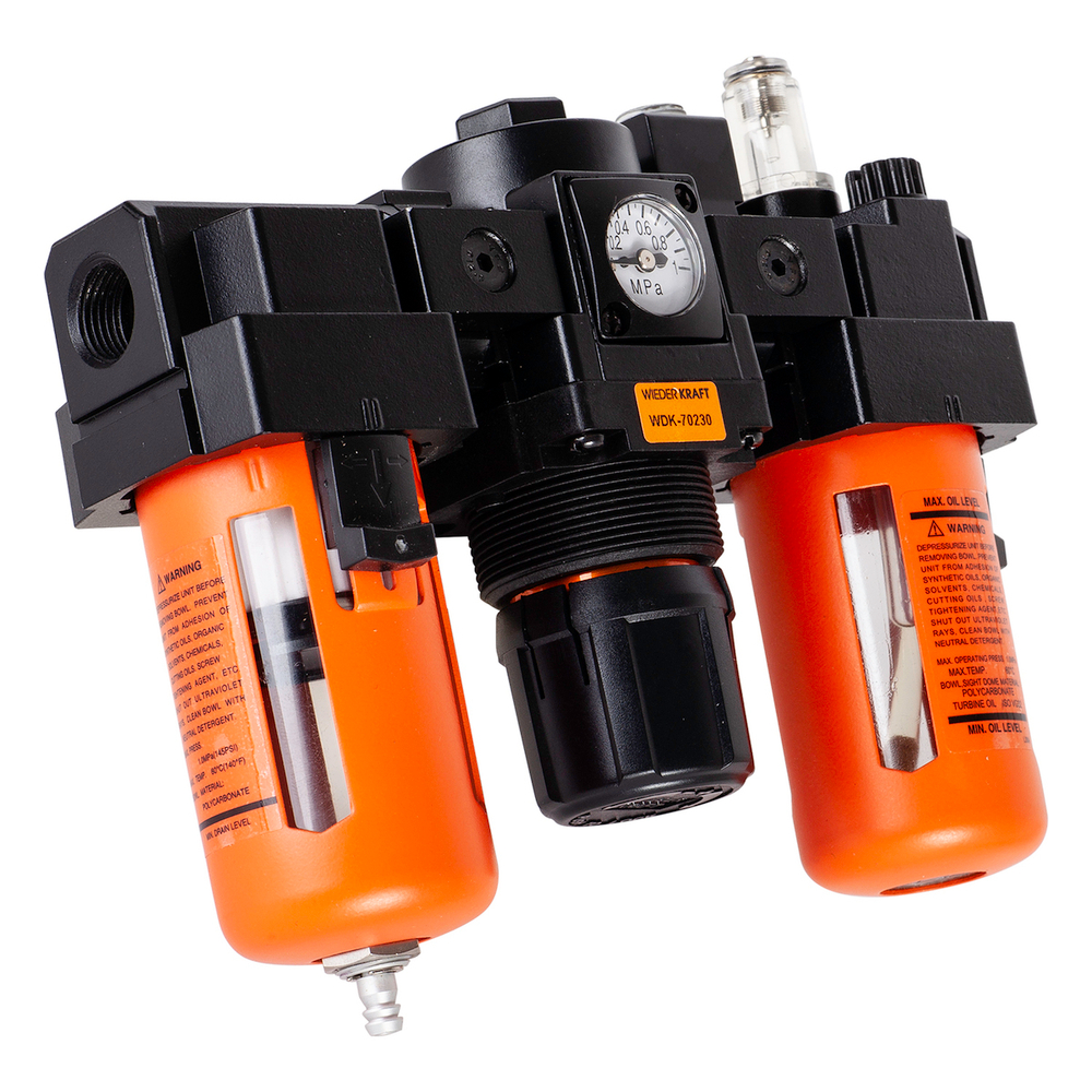 WDK-70230 Блок подготовки воздуха 3/8" с влагоотделителем, лубрикатором, регулятором и манометром