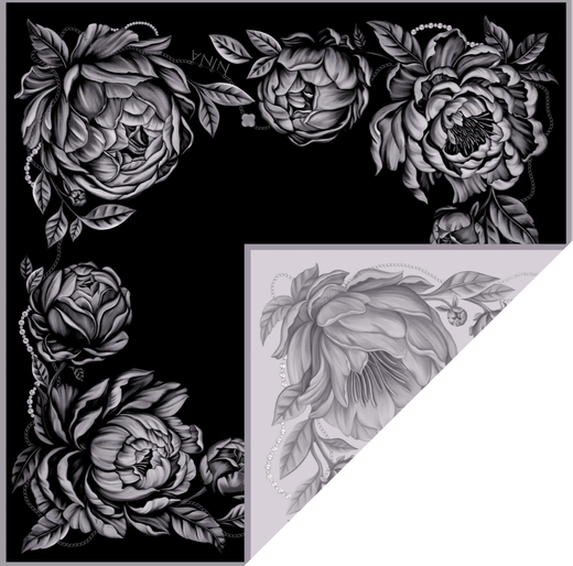 Платок «Пионы» черный/серая вуаль