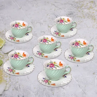 Чайный набор 12 предметов «Цветочная фантазия» (6кружек 200мл+6блюдец), мятный