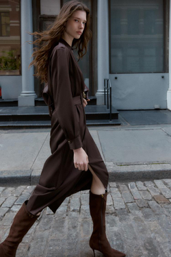 ZARA ПЛАТЬЕ МИДИ С ЗАПАХОМ И ПОЯСОМ, КОРИЧНЕВЫЙ