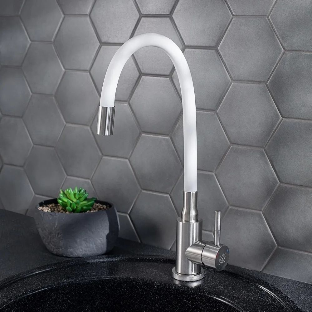 Смеситель для кухни, РМС, гибк излив, с картриджем, бел, SUS124W-016F