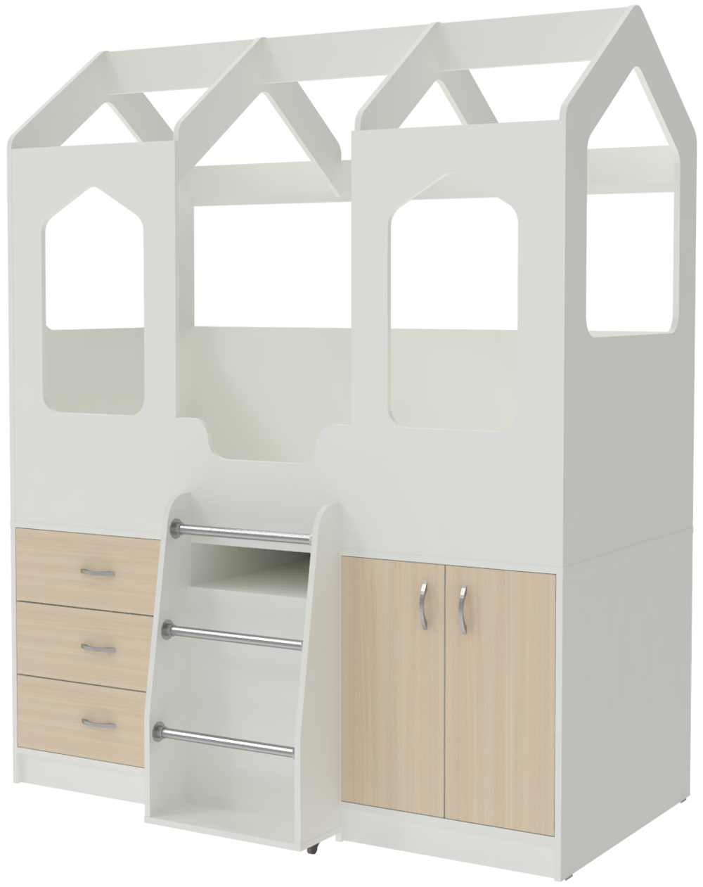 Кровать-чердак КарИВи Домик Сказка с выдвижным столом ДС-14 Белый   Дуб Молочный