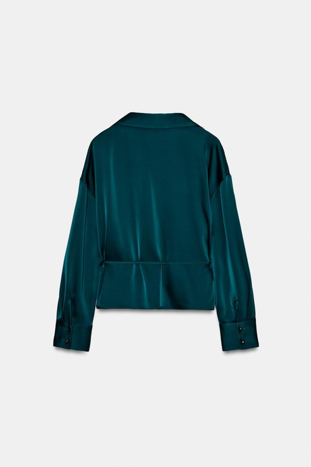 ZARA АТЛАСНАЯ БЛУЗКА С ТОНКИМ ПОЯСОМ, СИНЕ-ЗЕЛЕНЫЙ
