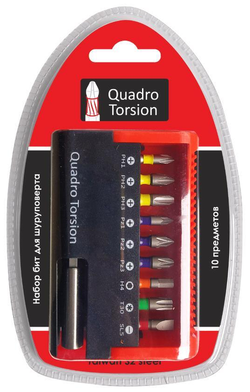 Набор бит 10 предм:Ph1,2,3,Pz1,2,3,шестигр.4мм,Torx30,шлиц 5х25мм, держатель/Quadro Torsion 490010