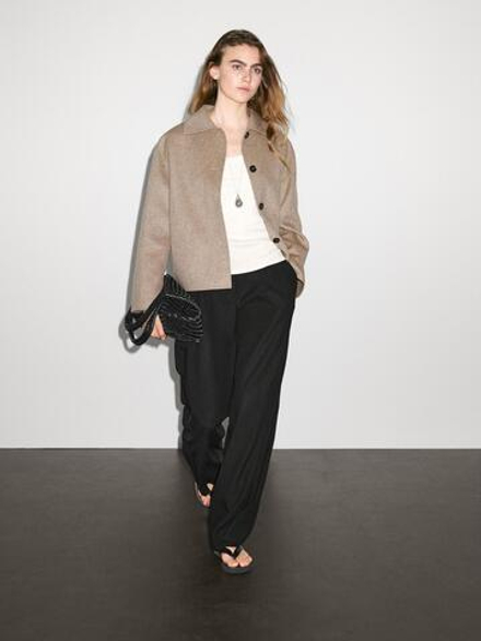 Massimo Dutti Короткое пальто из смесовой шерсти с пуговицами, цвет верблюжьей шерсти