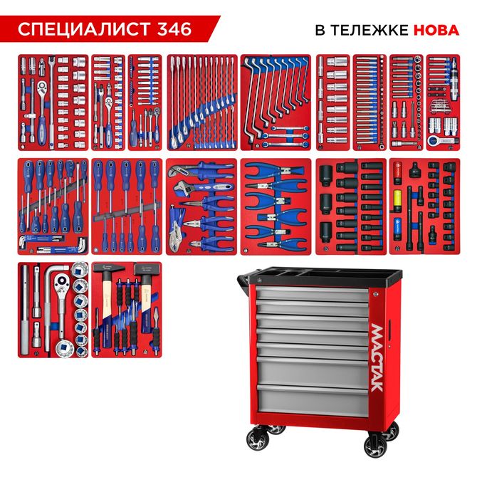 МАСТАК (50-07346R) Набор инструментов 346 предметов, "СПЕЦИАЛИСТ 346", в красной тележке