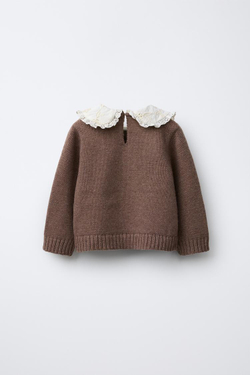 ZARA ТРИКОТАЖНЫЙ ДЖЕМПЕР С ВЫШИТЫМ ВОРОТНИКОМ, РОЗОВАТЫЙ