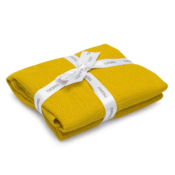 Набор из двух вафельных полотенец изо льна горчичного цвета из коллекции essential, 50х70 см