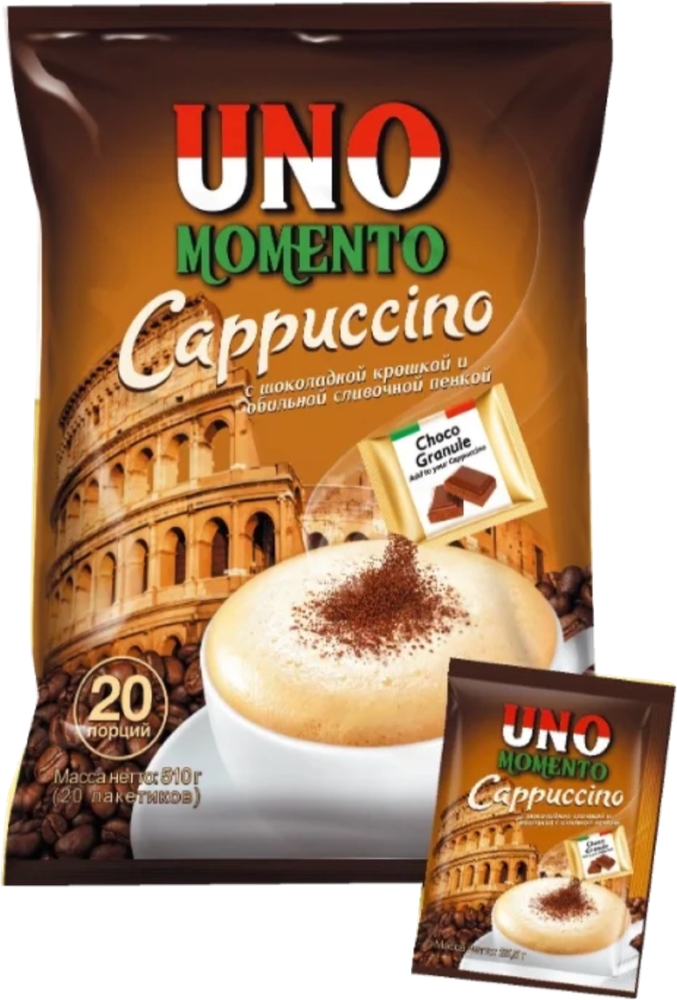 Растворимый кофе Uno Momento капучино с шоколадной крошкой, в пакетиках 20 шт, 2 упаковки