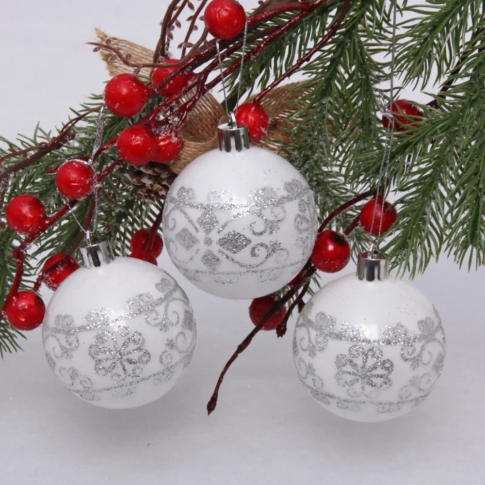 Новогодние шары 6 см (набор 3 шт) «Ажур», белый/серебро