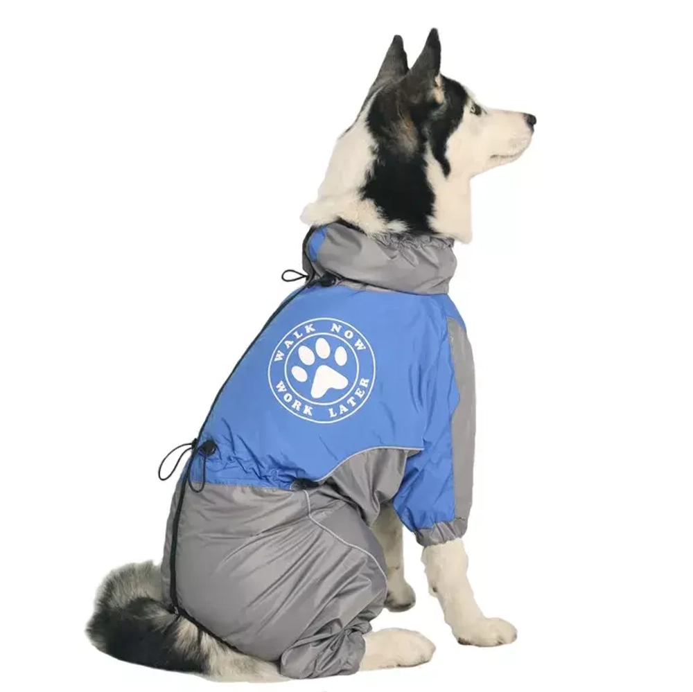 Комбинезон дождевик для собак демисезонный White Wolf вырез на мальчика сине-серый с принтом