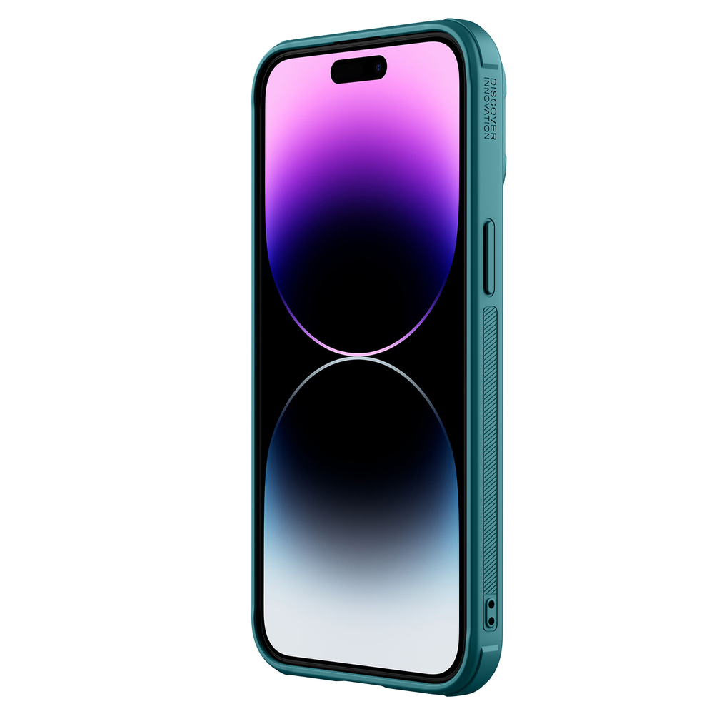 Чехол зеленого цвета (Exuberant Green) с вставками из кожи от Nillkin для iPhone 15 Pro Max, с откидной металлической крышкой для камеры, серия CamShield Prop Leather