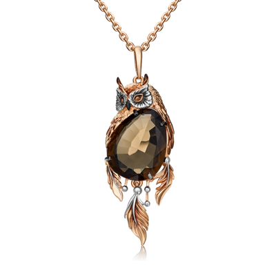 Подвеска «Сова» из красного золота с кварцем дымчатым и эмалью