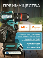 Шуруповерт дрель аккумуляторный бесщеточный TibWolf мощные АКБ в кейсе 21В с набором инструментов 2 АКБ